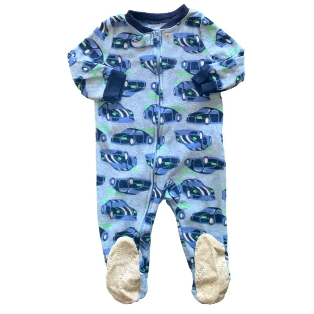 Carters Simple Joys Blue Green Striped Cars Fleece Onesie Footed Pajamas 12mos